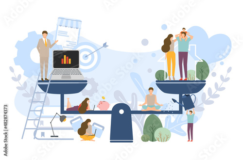 Flat design of work life balance concept and work life harmony vector, business people with leisure activities, relaxing lifestyle management vector, overwhelm business people with business tools. photo