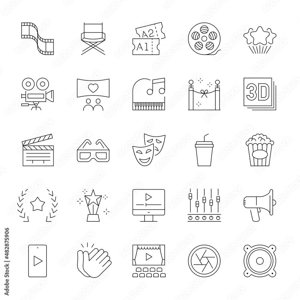 Fototapeta premium A set of line icons, movie, film, theater, icons, vector illustration. 
