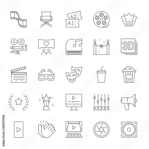 A set of line icons, movie, film, theater, icons, vector illustration.
