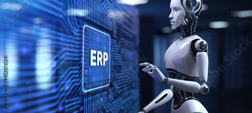 ERP Enterprise resources planning. Robot pressing button on screen 3d render.