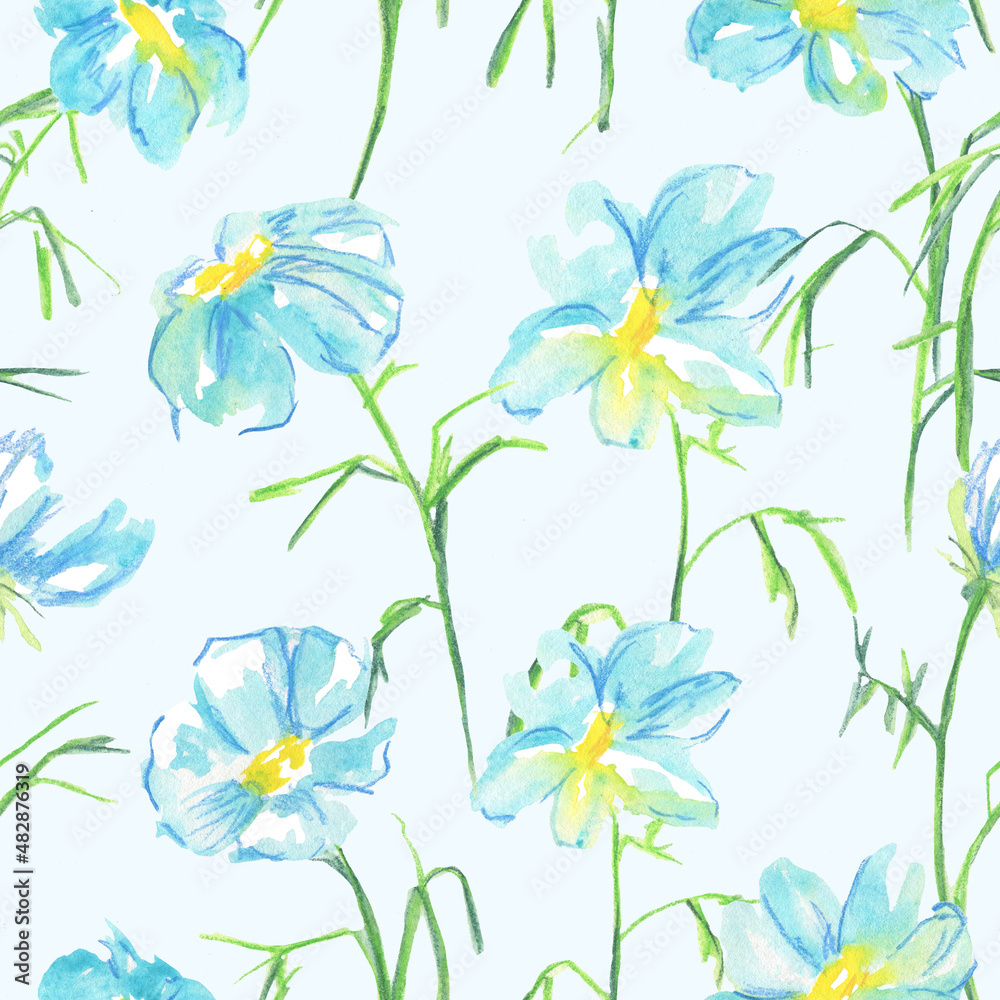 Obraz premium Blue Floral botanical flower. Seamless background pattern. Fabric wallpaper print texture. Aquarelle wildflower for background, texture, wrapper pattern
