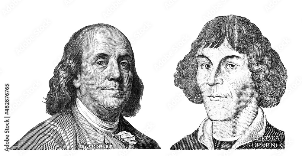 Benjamin Franklin cut on new 100 dollars banknote and Nicolaus Copernicus cut on 1000 Polish zloty - obrazy, fototapety, plakaty 