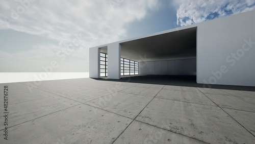 Empty floor for car park. 3d rendering of abstract gray building with clear sky background.