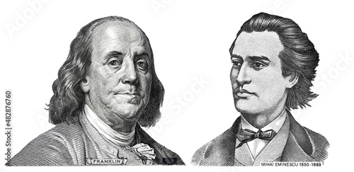 Benjamin Franklin cut on new 100 dollars banknote and Mihai Eminescu cut from 1000 Romanian lei banknote