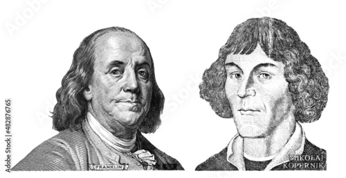 Photos Benjamin Franklin cut on new 100 dollars banknote and Nicolaus Copernicus cut on
