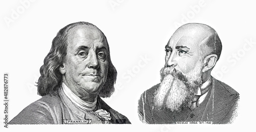Benjamin Franklin cut on new 100 dollars banknote and Nicolae Iorga cut on old 10000 Romanian lei banknote photo