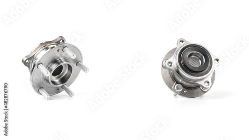 Car hub in silver color, isolated on a white background, hub friction bearing for wheel, car brake system