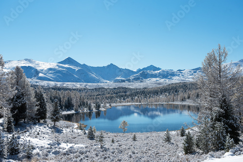 Lake in the mountains. Winter. Mountain landscape. Lake Kidel. Altai.