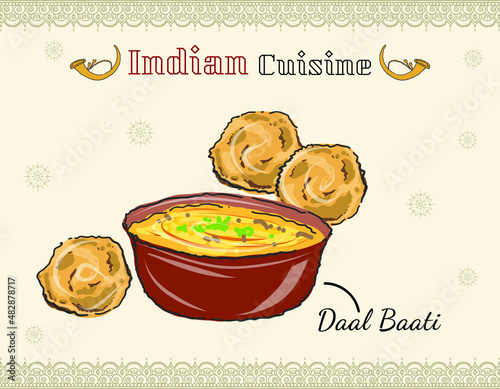 Traditional Rajasthani cuisine daal bati served along with onion and daal bati churma