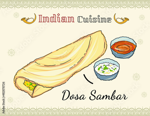 Paper Masala dosa, South Indian traditional meal served with sambhar and coconut chutney. Traditional South Indian food.