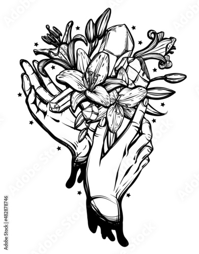 Vector illustration, bouquet of lilies and crystals in the hands, mysterious, magical, Handmade, tattoo, print on t-shirt