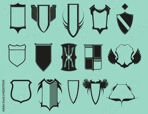 Set scudi grafici decorativi emblema icona nobiltà geometrico cornice