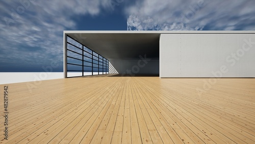 Empty floor for car park. 3d rendering of abstract gray building with clear sky background. © duyina1990