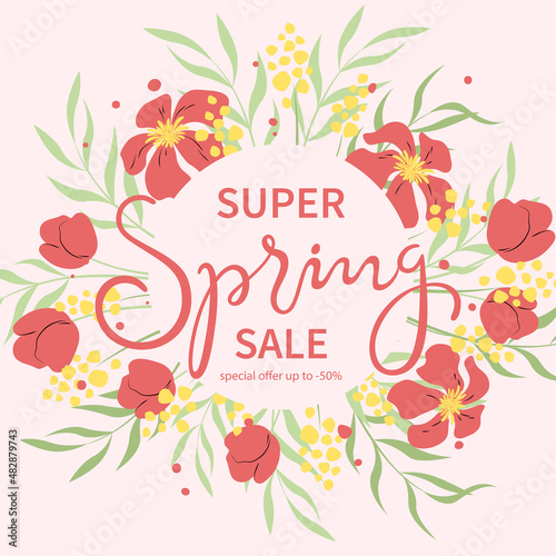 Spring sale banner template for social networks with colotful flowers and lettering. Suitable for promotions  stories  post and internet ads. Vector illustration.