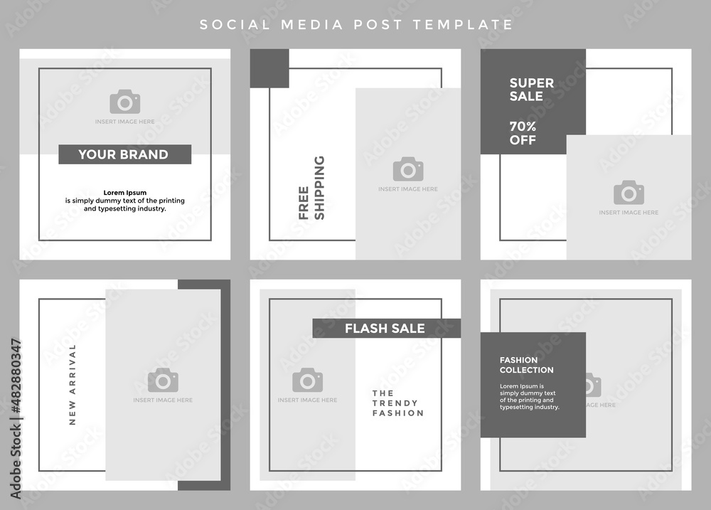Social media post template. Six editable page or banner, fit for all sale promotion, minimalist concept with dark grey and white color theme.