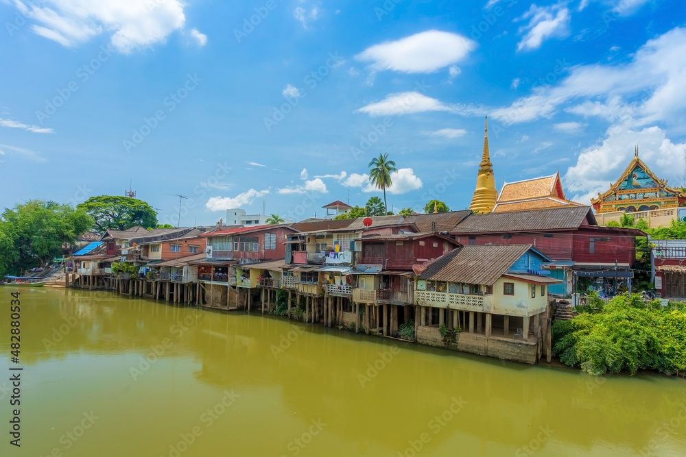 Twilight over Chanthaburi river ,Landmark with old building village in Chanthaburi Thailand