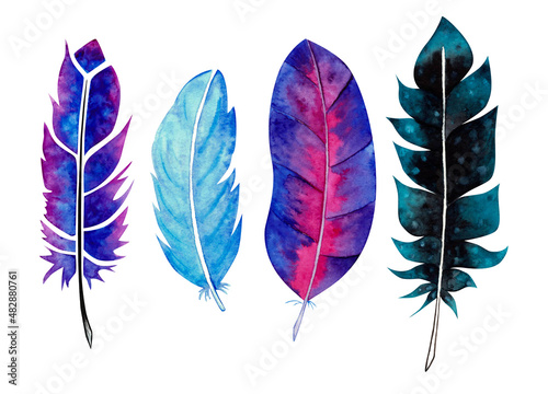 Hand drawn watercolor feather set. Watercolour illustration © Елманова Екатерина