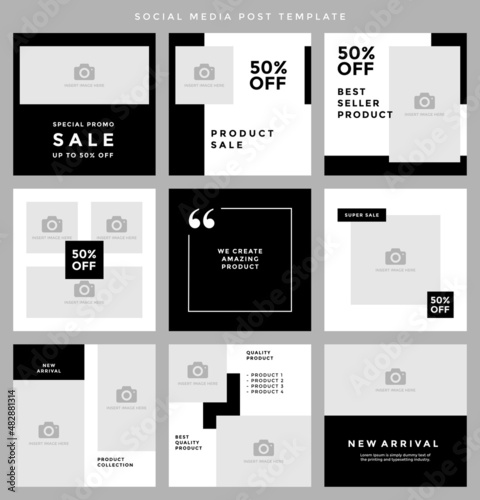 Social media post template. Nine editable page or banner, fit for all sale promotion, minimalist concept with dark grey and white color theme.