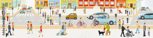 Stadt mit Straßenverkehr und Fußgänger auf den Bürgersteig, Illustration 