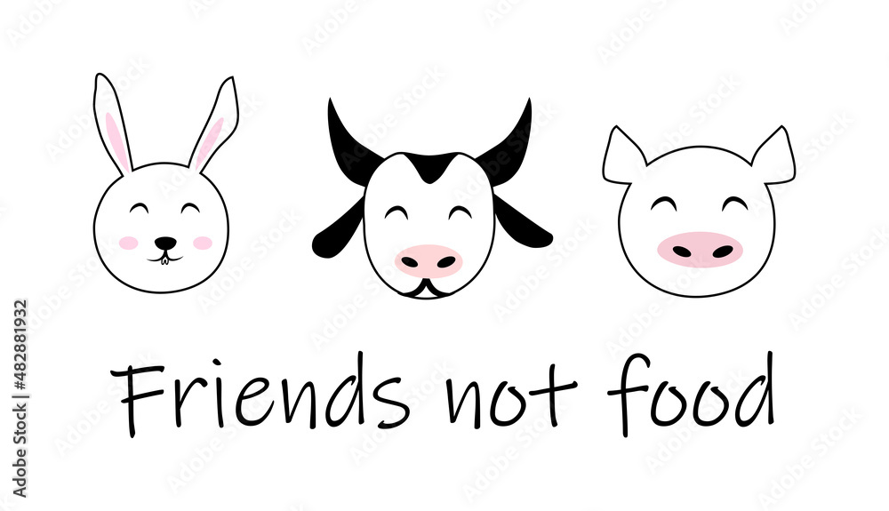 Friend not food animal rights meatless diet concept vector isolated icon set animal cute head sketch doodle drawing graphic veganism. Friend not food animal rights meatless diet concept vector isolated icon set animal cute head sketch doodle drawing graphic veganism.