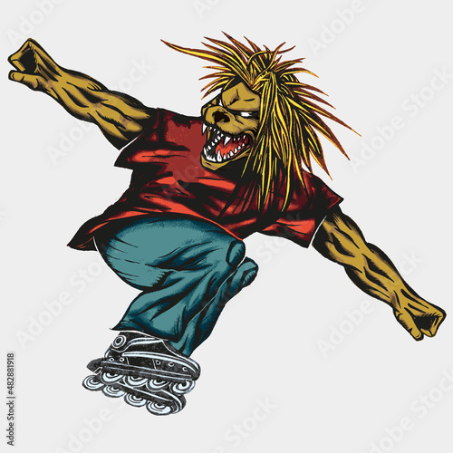 Lion jumping on rollerblades with his arms extended. In-line skates concept mascot illustration.