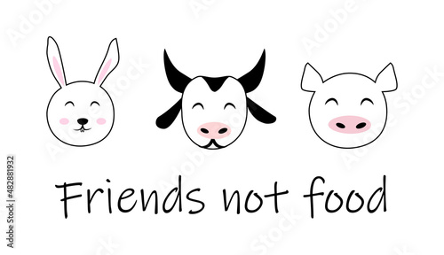 Friend not food animal rights meatless diet concept vector isolated icon set animal cute head sketch doodle drawing graphic veganism.
