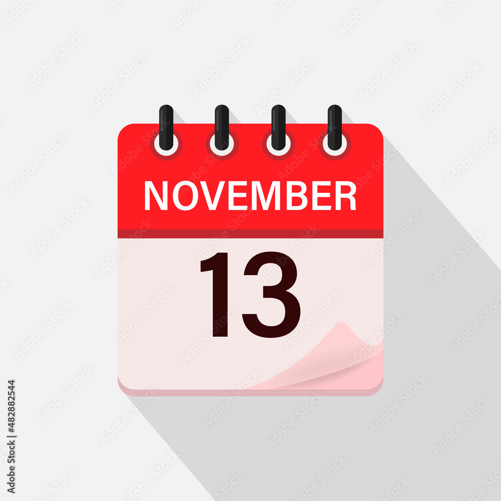 November 13, Calendar icon with shadow. Day, month. Flat vector illustration. November 13, Calendar icon with shadow. Day, month. Flat vector illustration.