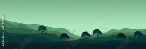green forest mountain flat design vector illustration for poster template, web banner, blog banner, website background, tourism promo poster, adventure design backdrop and poster design template
