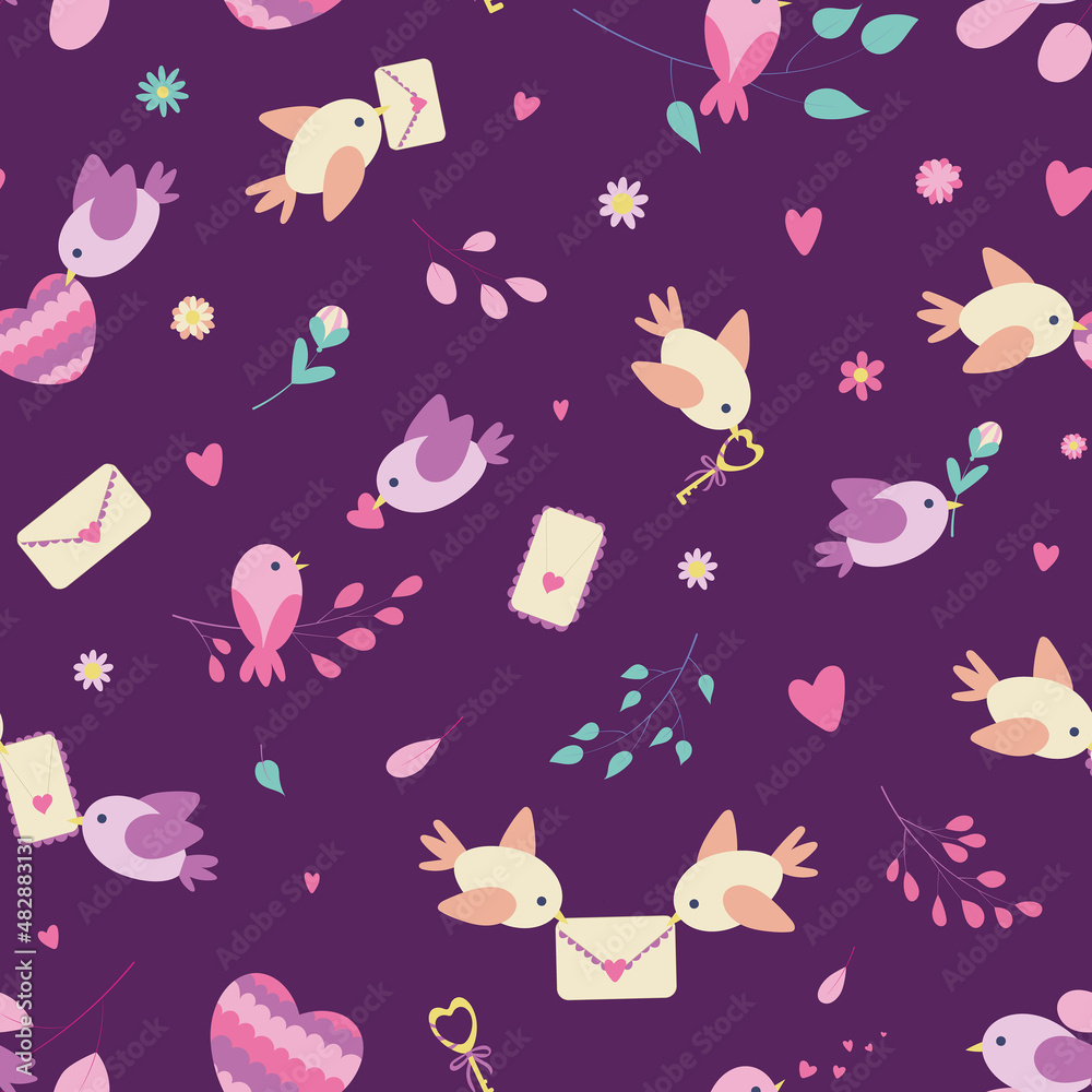 Seamless pattern with Valentine's Day object about love and romance -  cute birds with love letters, hearts and flowers. For wrapping paper, cards, backgrounds, postcards, congratulations, print.