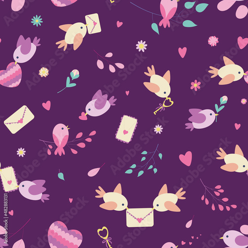 Seamless pattern with Valentine's Day object about love and romance -  cute birds with love letters, hearts and flowers. For wrapping paper, cards, backgrounds, postcards, congratulations, print. © TataS