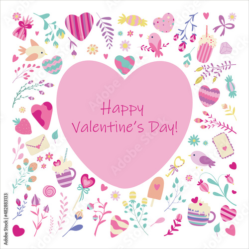 Frame with Valentine's Day romantic and cute elements - hearts, flowers, love letters, sweets. For greeteng, post cards, gift bag, wrapping paper, banner, instagram post, for print.