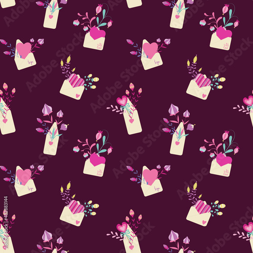 Valentine's Day celebration seamless pattern. Cute elements about love and romance  - love letters, hearts and flowers. For wrapping paper, cards, backgrounds, postcards, congratulations