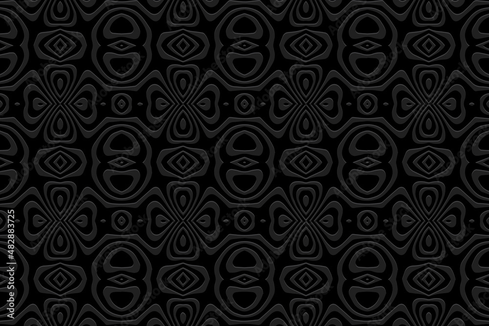 Embossed minimalistic black background, vintage cover design, ethno style. Geometric monochrome 3D pattern. National flavor of the peoples of the East, Asia, India, Mexico, the Aztecs.

