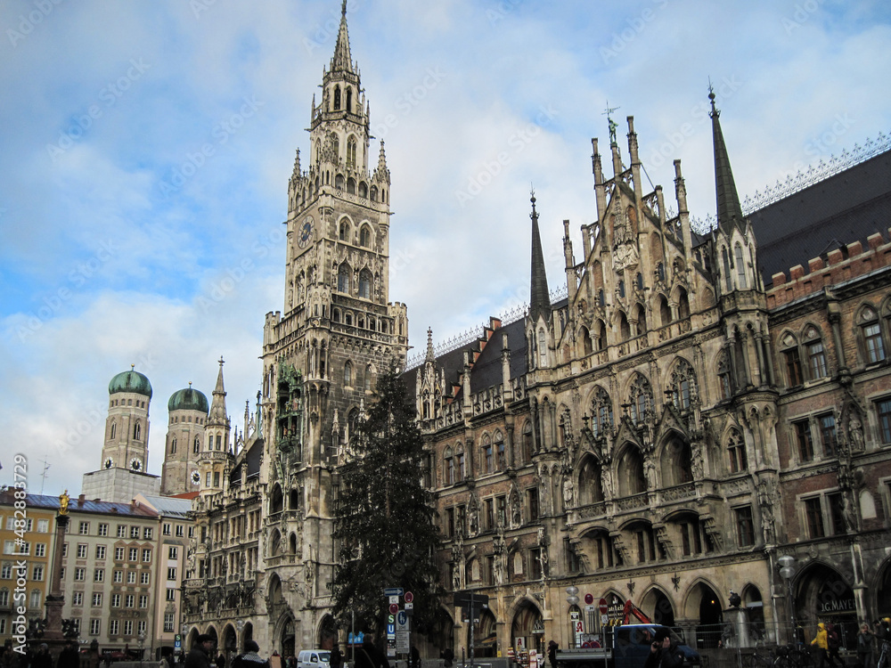 Beautiful old town hall exterior. Winter cityscape of Munich, Germany. Street in the city.