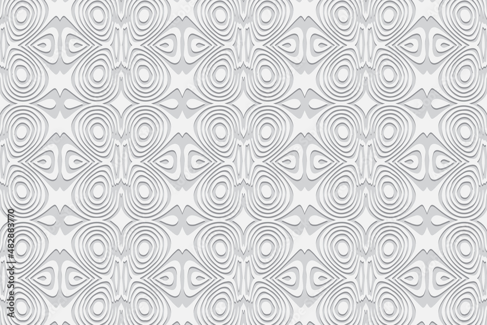 Embossed minimalistic elegant white background, vintage cover design, ethno style. Geometric monochrome 3D pattern. National flavor of the peoples of the East, Asia, India, Mexico, the Aztecs.