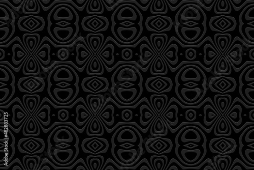 Embossed minimalistic black background, vintage cover design, ethno style. Geometric monochrome 3D pattern. National flavor of the peoples of the East, Asia, India, Mexico, the Aztecs. 