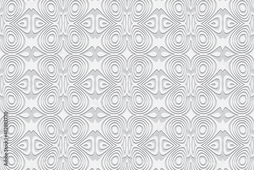 Embossed minimalistic elegant white background, vintage cover design, ethno style. Geometric monochrome 3D pattern. National flavor of the peoples of the East, Asia, India, Mexico, the Aztecs.
