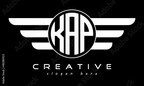 KAP three letter monogram type circle letter logo with wings vector template.