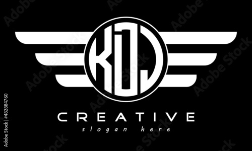 KDJ three letter monogram type circle letter logo with wings vector template. photo