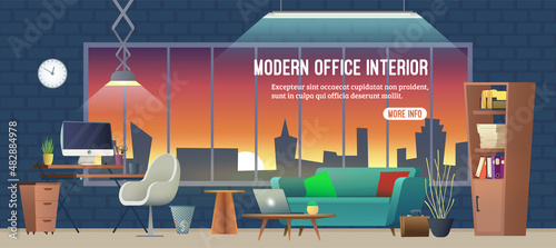 Modern office workplace. Workspace with big window with cityscape and sunset. Computer, laptop, furniture in interior