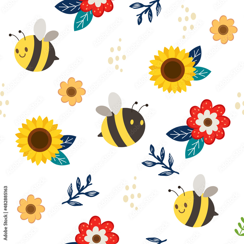 The seamless pattern of cute bee with flower and leaf in flat vector style. illustation about background for paper, cover, fabric, interior decor and other users. The seamless pattern of cute bee with flower and leaf in flat vector style. illustation about background for paper, cover, fabric, interior decor and other users.