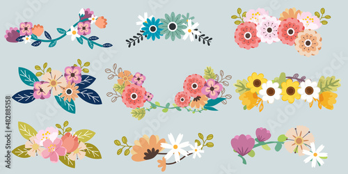 Set of Flower wreaths. Spring flowers wreath set isolated on blue background  colorful springtime wedding flowering vector illustration