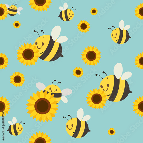 The seamless pattern of cute bee and sunflower and white flower in flat vector style. Illustration about bee and sunflower for banner  sticker label and greeting card