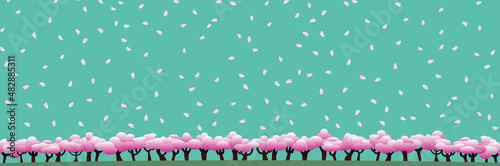 一面の桜の木とエメラルドグリーンの空と花びら 1