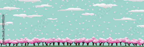 一面の桜の木とエメラルドグリーンの空と花びらと雲 1