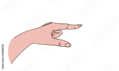 Hand gesture, aside pointer showing direction. Forefinger pointing on something. One continuous line art drawing vector illustration of pointing arm