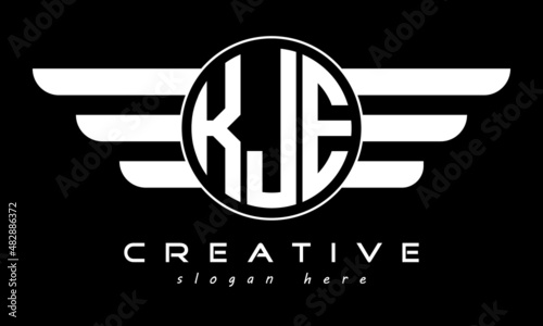 KJE three letter monogram type circle letter logo with wings vector template.
