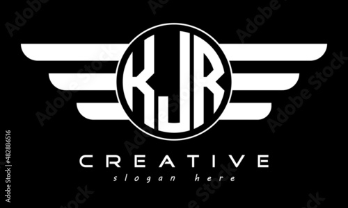 KJR three letter monogram type circle letter logo with wings vector template.
 photo