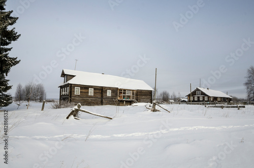 Big village house in the Russian village. Russia, Arkhangelsk region 