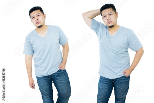 Grey top dry on asian model for v-neck tshirt blank mockup template in your clothing design.